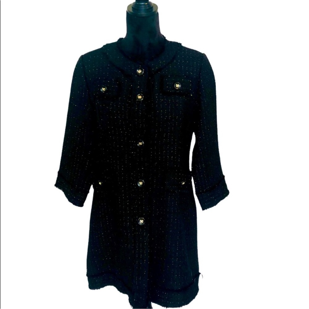 Luii tweed shredded dress coat or jacket 3/4 sleeves, gold thread details - Picture 4 of 10